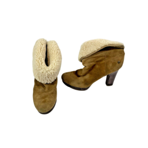 UGG Dandylion Booties Sz 8.5 Suede Sheepskin Foldover Shearling Heeled Chestnut